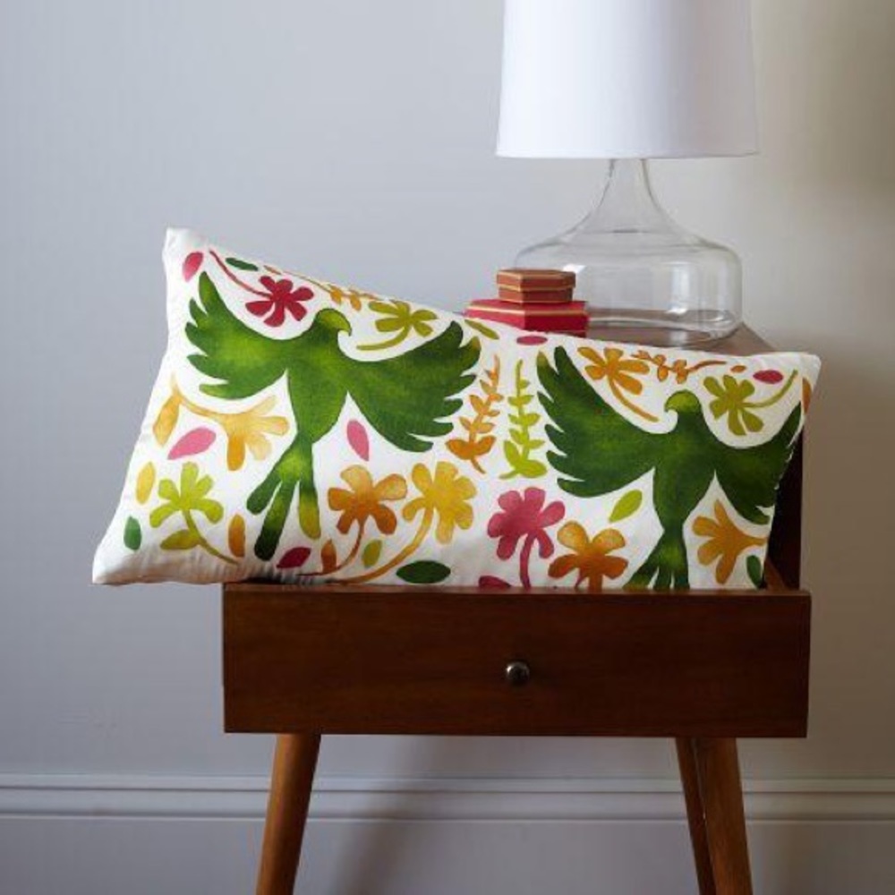 NWOT WEST ELM Paulina Reyes Silk Mint Leaf Bird Lumbar Pillow Cover